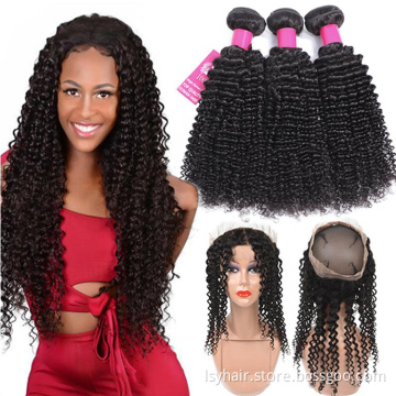 Lsy 10A Grade Kinky Curly Human Hair 3 Bundles and Closure 360 Frontal, Tuneful Brazilian Hair 360 Frontal Closure with Bundles